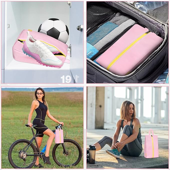 SelfTek Smell Proof Travel Shoe Bags for Women - Cleat Bags for Sports, Water-Resistant Travel Shoe Organizer with Active Carbon Fabric, Lightweight Gol-f soccer cleats Shoe Bag- Pink