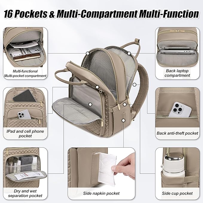 Tealari Laptop Backpack for Women,15.6 Inch Laptop Backpack for Work,Water Resistant Travel Backpack,College Bookbag with Wallet (Khaki)
