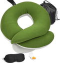 BUYUE Travel Neck Pillows for Airplanes, 360° Head Support Sleep for Long Flight, Skin-Friendly & Breathable, Kit with 3D Contoured Eye Mask, Earplugs and Storage Bag (Adult, Green, 90+ lbs)