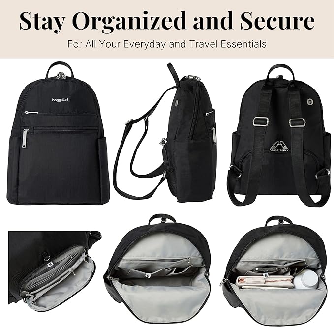 Baggallini Securtex® Anti-theft Vacation Travel Backpack 10x13 Slash-Resistant Nylon Daypack w/RFID, Black