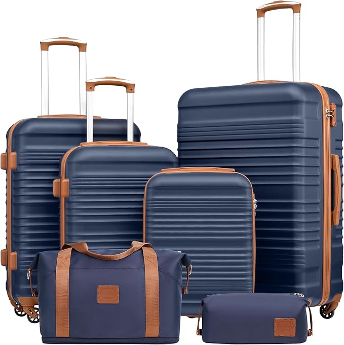 Coolife Luggage Set 3 Piece Luggage Set Carry On Suitcase Hardside Luggage with TSA Lock Spinner Wheels(Navy, 6 piece set)