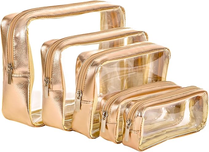 Remobia Hicol TSA Approved 5-Piece Diaper Bag Organizer Pouch Set Clear Waterproof TPU Kids Toiletry Storage Set Travel Packing Clutch Cube Bags for Baby Nursing(Gold leather)