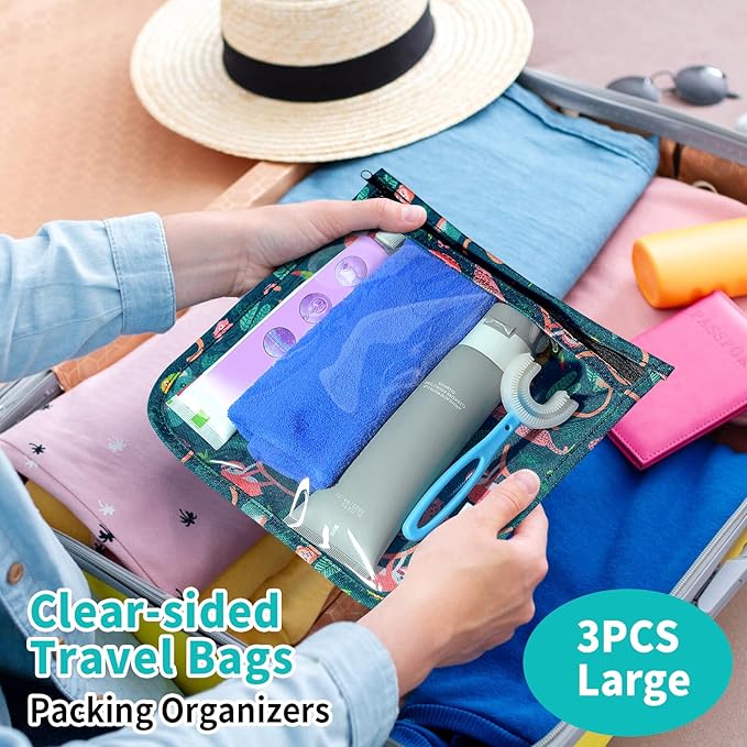 HIONXMGA TSA Approved Toiletry Bag, Set of 3 Clear Travel Toiletry Bag Quart Size Zipper Travel Pouch, Waterproof Makeup Cosmetic Bag for Women Men Kids Toiletries Carry on, Jungle Large