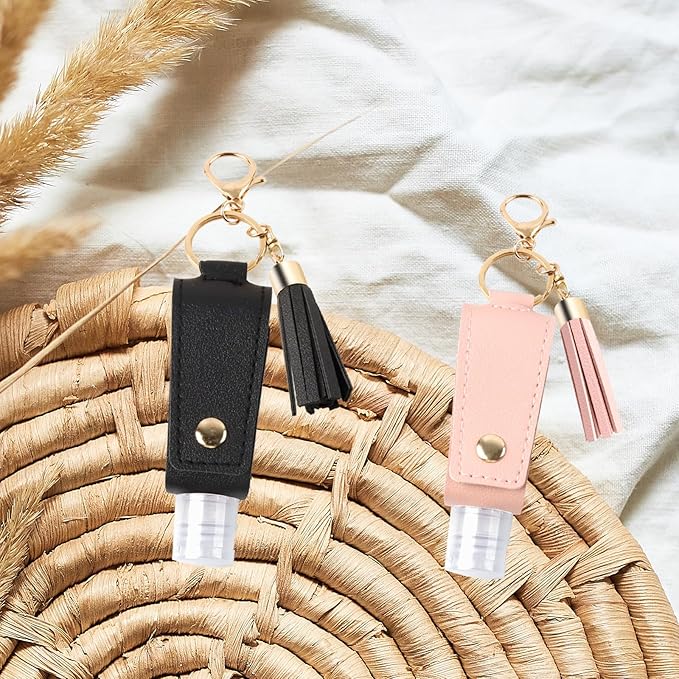 2PCS Hand Sanitizer Travel Size Keychain, Portable Hand Sanitizer Keychain with Plastic Empty Squeeze Bottle for Toiletry Shampoo Lotion Soap (Black+Pink)