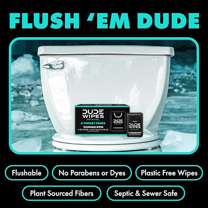 DUDE Wipes Mint Chill Pocket Packs - Travel Wipes - 6 Packs of 8 (48 Count) - On-The-Go Adult Flushable Wipes - Infused with Tea Tree Oil, Vitamin E, and Aloe - Septic and Sewer Safe