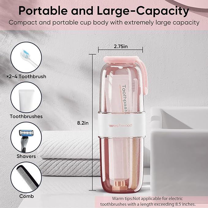 Westwood Travel Toothbrush Case Travel Toothbrush Holder with Cup, Large Toothbrush Container for Toothbrush Toothpaste Razor, Portable Toothbrush Holder with Cover for Home Business School (Pink)