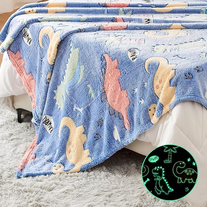 Wajade Dino Gifts Toys for Boys Girls - Glow in The Dark Dinosaur Blanket Birthday Christmas Decor for Kids Age 3 4 5 6 7 8 9 10 11 12 Years Old Teens Child Toddler Throw Colorful 50"x60"
