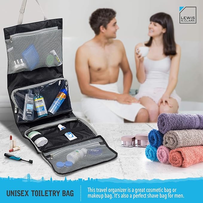 Lewis N. Clark Hanging Toiletry Bag for Travel Accessories, Shampoo, Cosmetics + Personal Items with Waterproof Compartment and Folding Design, Black