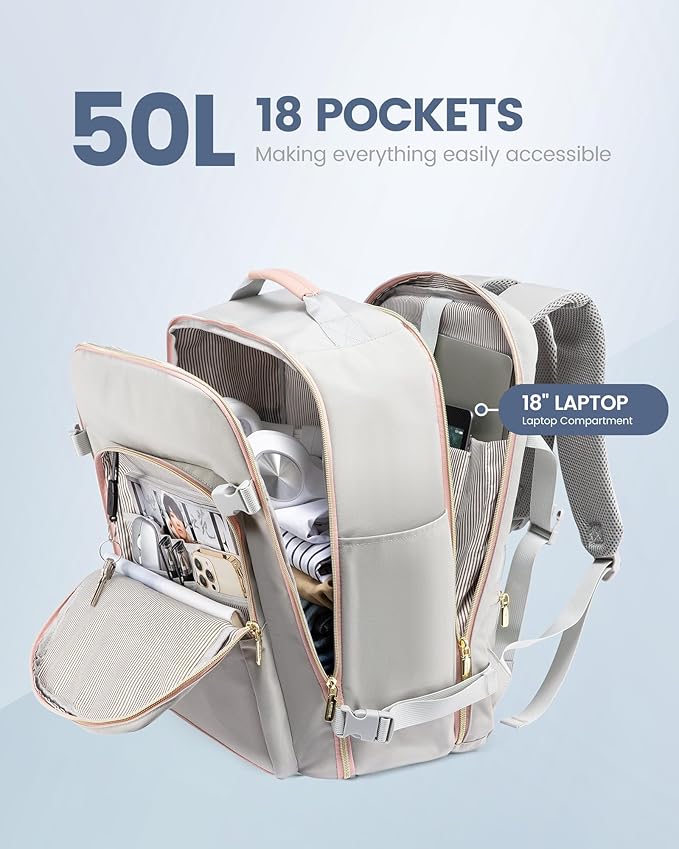 LOVEVOOK Travel Backpack for Women & Men 50L,Airline Approved Carry On Backpack Travel Essentials,TSA Carry on Luggage,Waterproof Personal Item Travel Bag,Suitcase with 3 Packing Cubes,Light gray-Pink