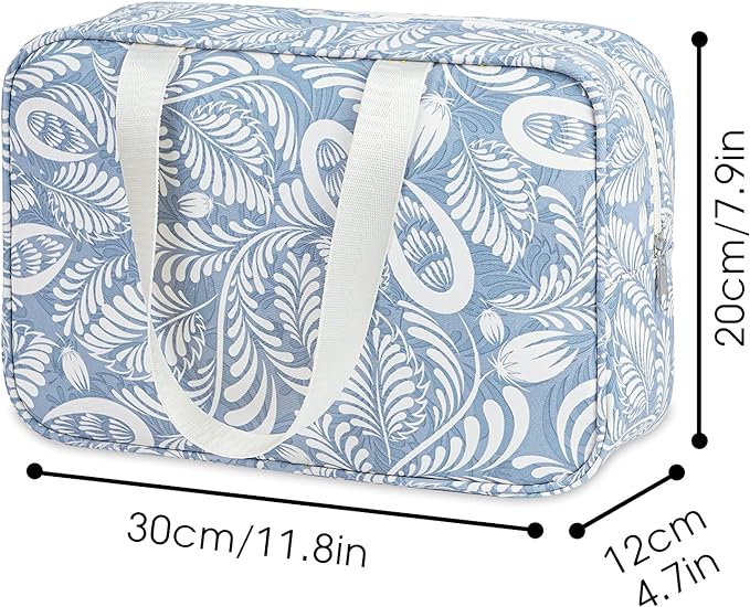 Full Size Toiletry Bag Women Large Cosmetic Bag Travel Makeup Bag Organizer Medicine Bag for Toiletries Essentials Accessories (Large, Blue Leaf)