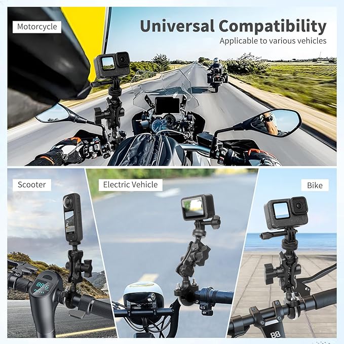 Bike Motorcycle Camera Mount Bundle Kit, 1/4 Screw & Tripod Mount Adapter, 360°Rotating Ball Head Base -Ballhead Arm Bracket Clamp for lnsta360/G0pro, Handlebar Stype(0.59"-1.38") 75013