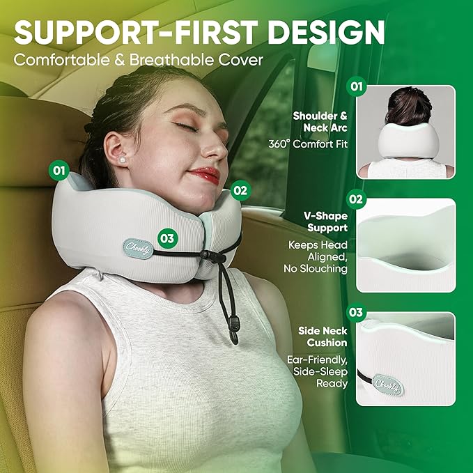 Memory Foam Travel Neck Pillow for Airplane Travel, Head and Chin Support, Adjustable Strap, Washable Cover, Carry Case