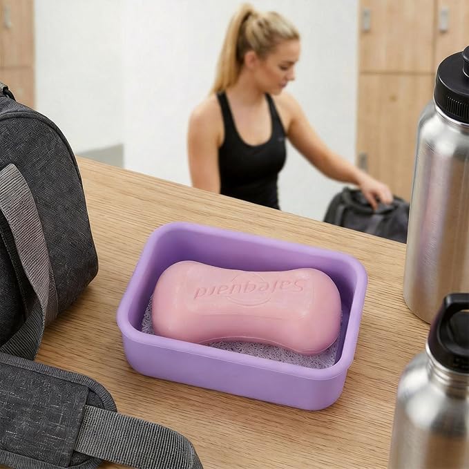 Silicone Leak-Proof Travel Soap Case, Portable Soap Container with Removable Draining Pad, Shatter-Proof Soap Holder for Travel, Gym, Camping, Bathroom(Light Purple)