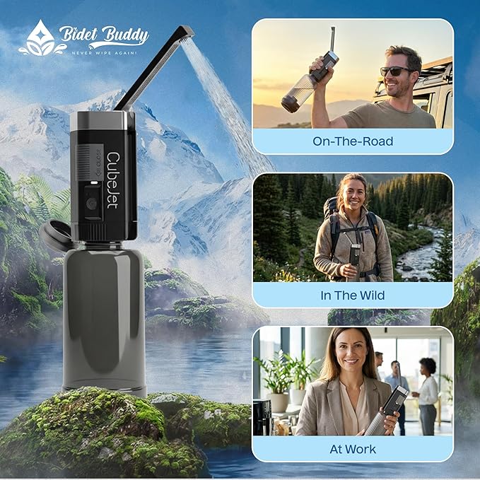 BIDET BUDDY® CubeJet Portable Bidet for Travel - 380ml Bottle, 1100mAh Rechargeable Battery, IPX6 Waterproof Wand-Style Nozzle, USB-C High-Pressure Hygiene Device for Camping & Home