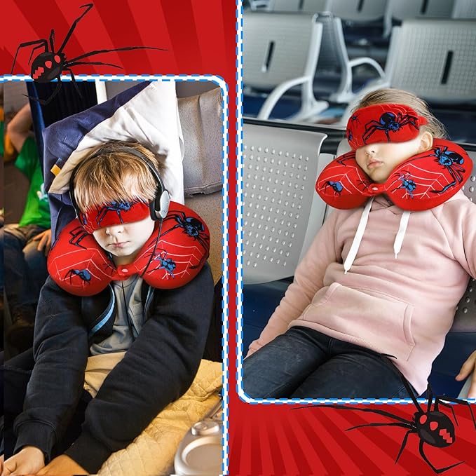 Gilprop 2 Pcs Spider Travel Pillow with Sleep Eye Mask, U Shaped Memory Foam Headrest & Neck Pillow with Washable Cover, Soft Neck Head Support Travel Accessories for Airplane Car Train Bus Trips