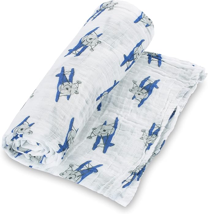 LollyBanks Muslin Swaddle Blanket, 100% Muslin Cotton Baby Blankets for Boys, 47 X 47 Inches Baby Boy Swaddles, Breathable and Lightweight Infant Blanket, Newborn Essential, Registry (Airplane Print)