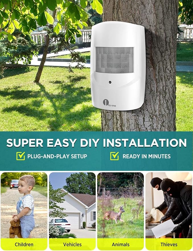 Driveway Alarm Wireless Outside, 1 BY ONE Motion Sensor Alarm 1000ft/300m Range Extra Loud Chimes Security Alarm System with 1 Receiver 2 Weatherproof Infrared Sensors Protect Indoor/Outdoor Property