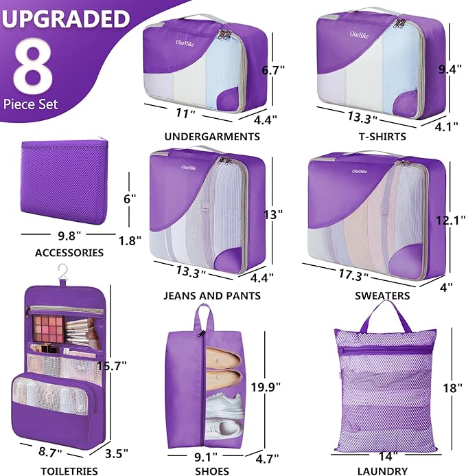 8 Set Packing Cubes for Travel, Gifts for Women Mom,Anti-Tearing Suitcase Organizer for Luggage with Shoe & Hanging Toiletry Bag,OlarHike Vacation Essentials & Accessories for Cruise Ship,Purple