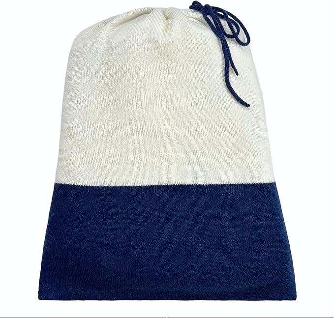 Jet&Bo Luxurious Cashmere Merino Blend Travel Blanket, Airplane-Ready Cashmere Travel Throw in Packable Pouch, Soft, Lightweight and Breathable 55"x45" (White and Navy)