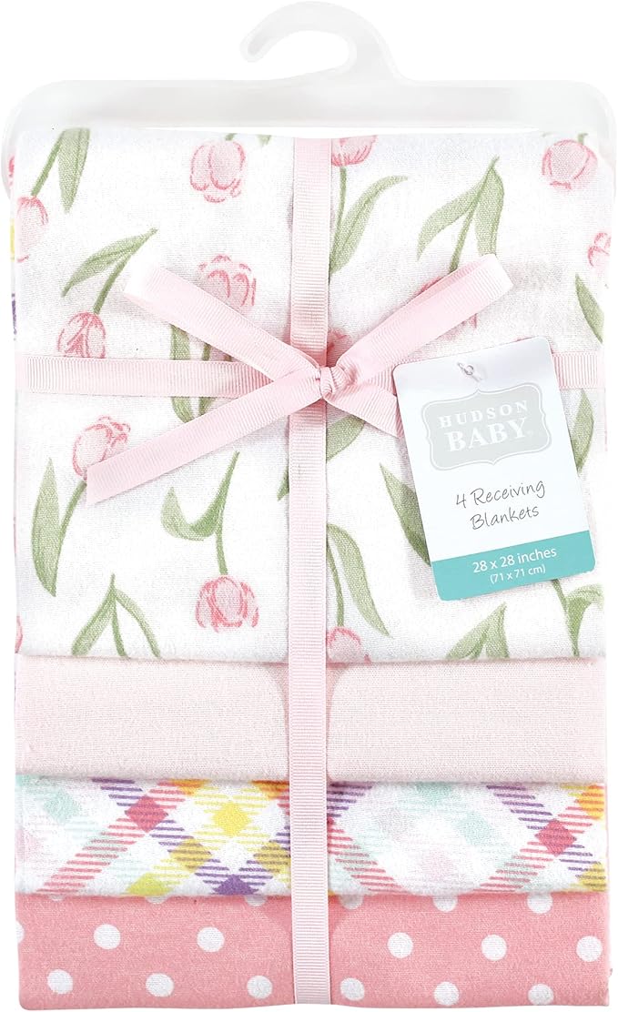 Hudson Baby Unisex Baby Cotton Flannel Receiving Blankets, Pink Tulips, One Size