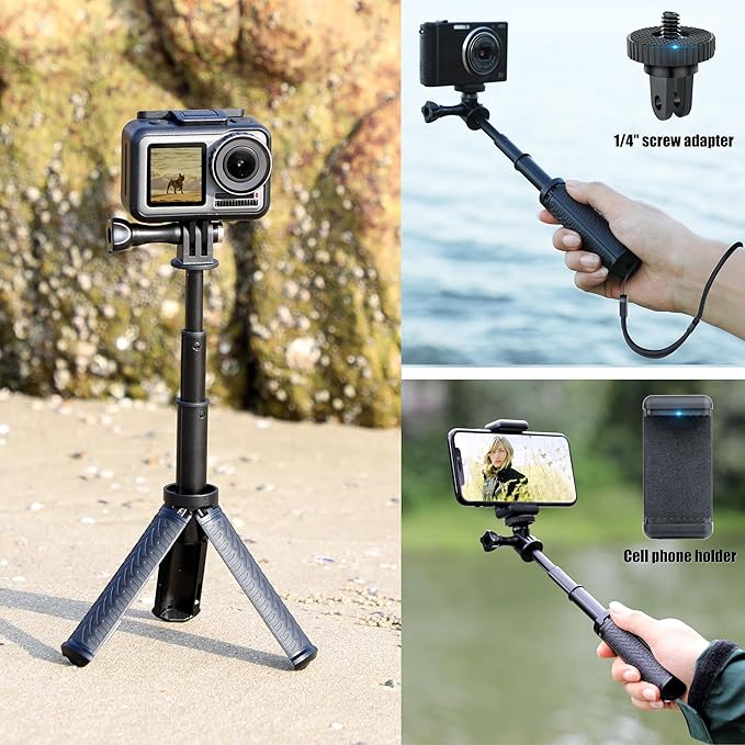 Mini Selfie Stick Tripod for GoPro Hero 13 12 11 10 9 8, Portable Handle Grip Action Camera Selfie Stick for DJI Osmo Action 6/5 Pro/4/AKASO Brave EK7000, Extension Pole Tripod for GoPro Max