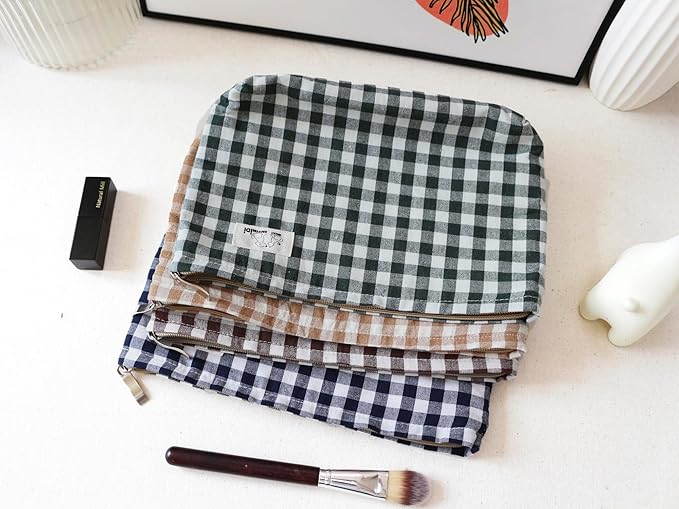 HAPPYHEIDI Dark Green Gingham Pouch Cotton Makeup Bag Cosmetic Travel Make Up Purse Organizer, Zipper Closure, Canvas Lined, Vintage Moss Green
