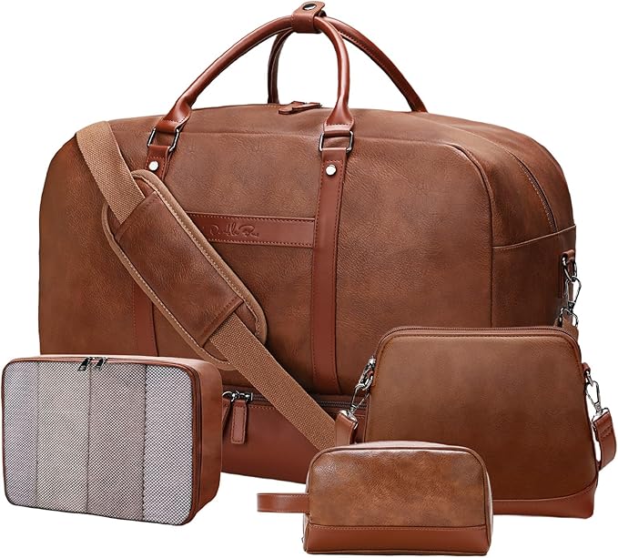 Large 4-in-1 Leather Duffle Bag for Travel Weekender Overnight Hospital Gym Bag for Men & Women, Carry On Airline Approved Personal Item Duffel Garment Bag Luggage with Shoe Compartment & Toiletry Bag