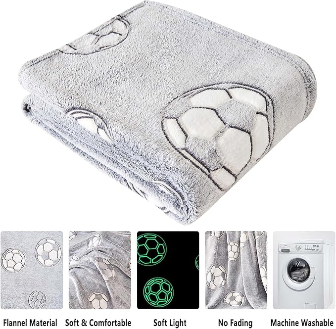 Wajade Soccer Gifts for Boys Girls - Glow in The Dark Soccer Blanket Birthday for Kids Age 3 4 5 6 7 8 9 10 11 12 Years Old Teens Child Toddler Throw Light Grey 40"x50"