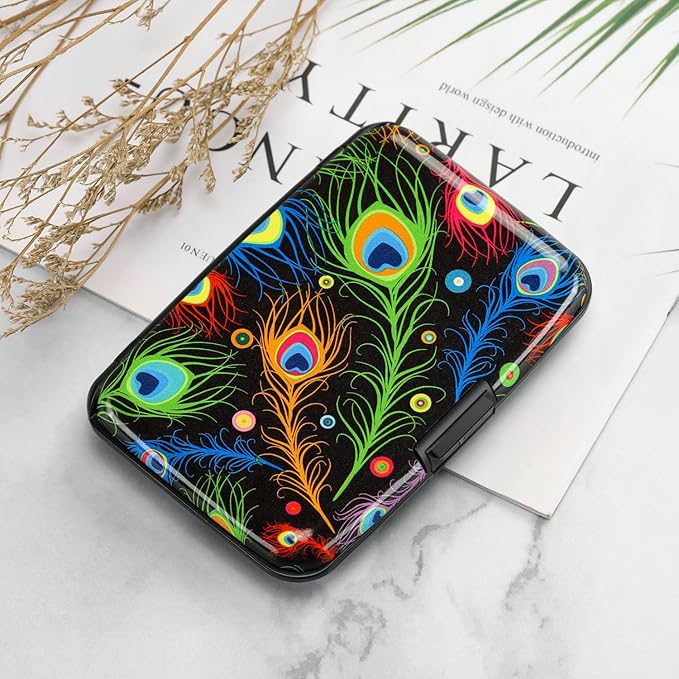 ELFISH Mini RFID Aluminum Wallet Credit Cards Holder Business Card Case Metal ID Case for Men Women (Feather)