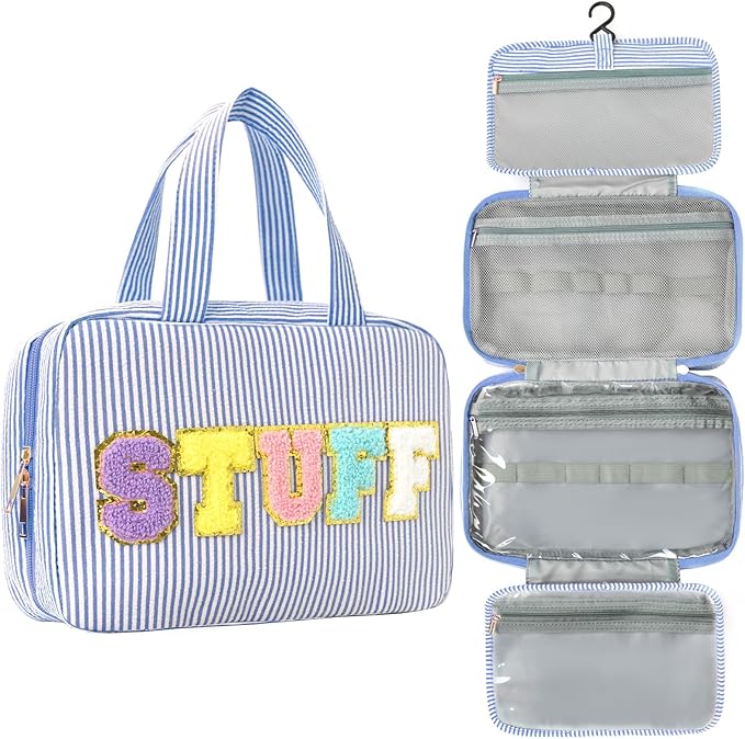 Hanging Toiletry Bag for Women Chenille Letter Travel Cosmetic Bag Fashion Stripes Water-resistant Makeup Bag for Store Toiletries Cosmetic Accessories Medium Blue