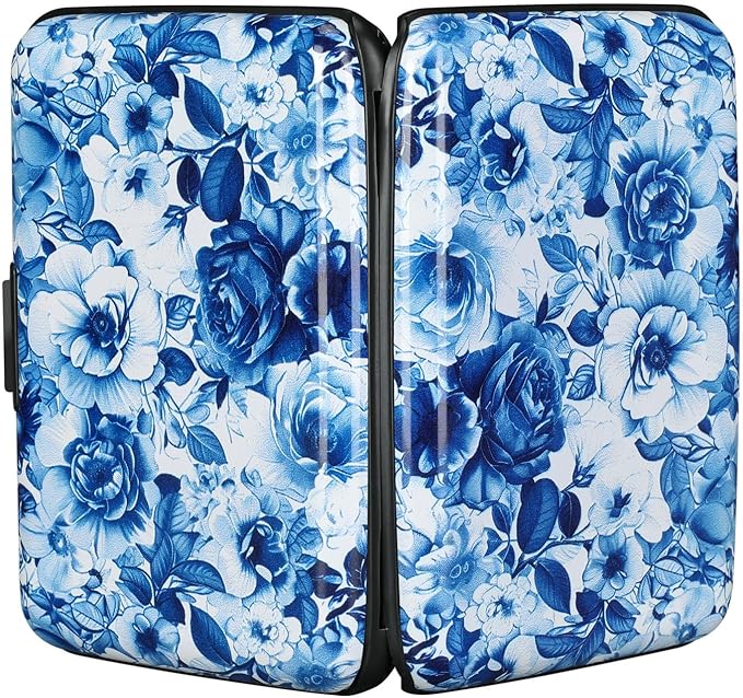 ELFISH RFID Blocking Credit Cards Holder Aluminum Wallet Metal ID Case for Men Women(Blue and White Peony)
