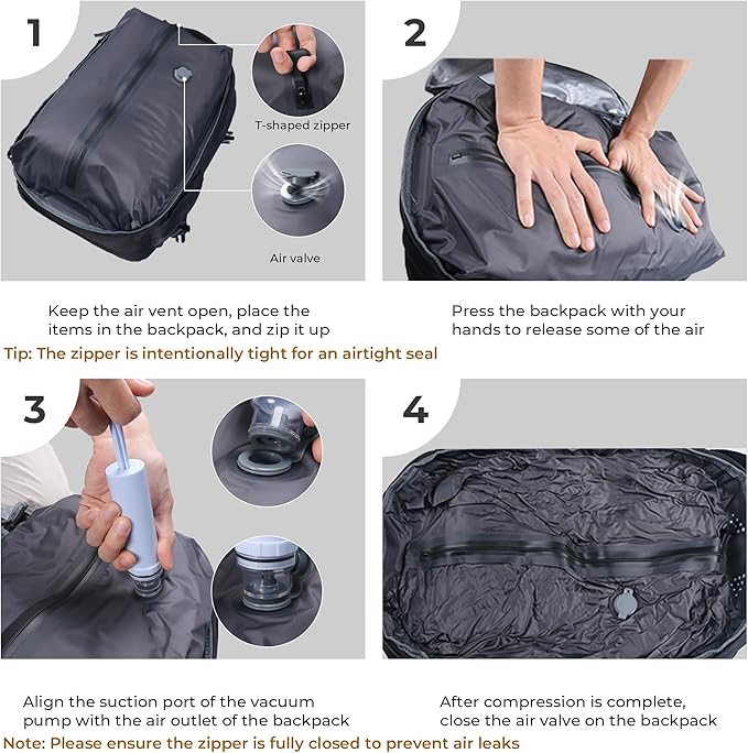 Vacuum Compression Backpack for Travel, Carry-On Backpack with Vacuum System & Pump, Packs Like 55L for 5-7 Day Trips, Fits 17" Laptop, Water-Resistant Business Travel Backpack for Men/Women