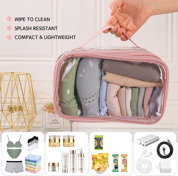 BORMELUN Large clear travel pouch,TSA approved toiletry reusable organizer with zipper proof purse makeup case carry On (Pink)