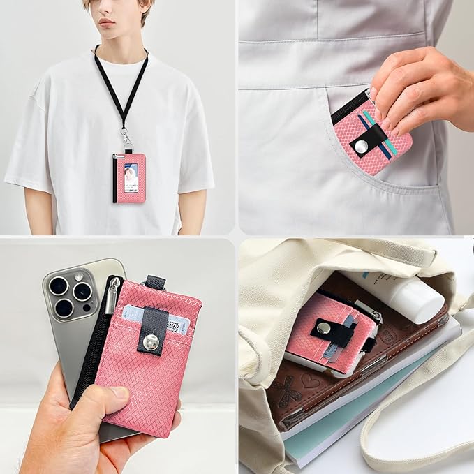 Minimalist RFID Blocking Small Wallet with ID Window,WaterResistant Zip Id Case Wallet with Lanyard Keychain for Cards,Cash,Travel,Women,Men (Pink)