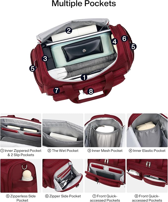MILADA Underseat Carry On Luggage Bags for Travel Lightweight Foldable Carry On Bags for Airplanes Small Duffle Bag for Men Women TSA Approved Underseat Bag Travel Tote Bags, Burgundy