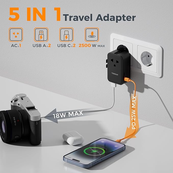 TESSAN International Power Adapter PD 25W, Ultra Thin Universal Travel Adapter, Worldwide Outlet Plug with 2 USB A 2 USB C for US to European UK Australia Ireland (Type C G A I) Black