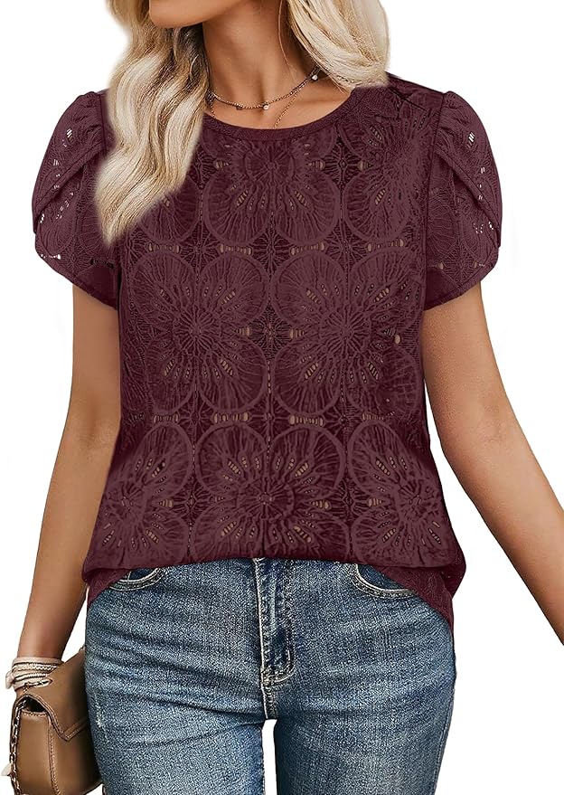 OFEEFAN Blouses for Women Dressy Casual Petal Short Sleeve Shirts Crochet Lace Boho Tops Spring Fashion Summer Outfits