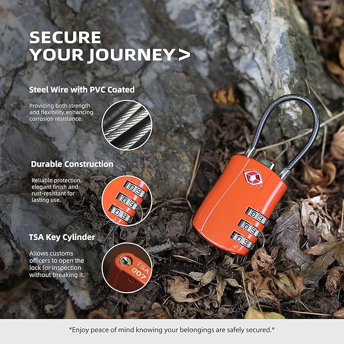 Luggage Locks TSA Approved, Small Padlock Combination, TSA Locks for Luggage, Suitcase, Travel Essentials, Combo Padlock with Cable, for Backpack, Bag, Zipper, Locker, Case, Box (2-Pack)
