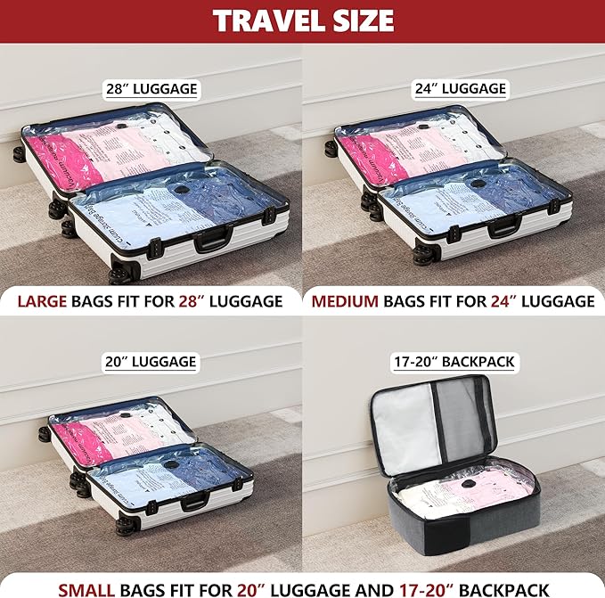 Vacuum Bags for Travel with Rechargeable Pump, 10 Medium Compression Packing Seal Bags for Luggage Suitcase, Space Saver for Clothing and Clothes Storage Travel