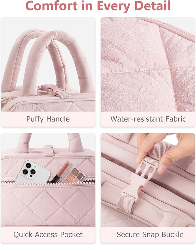 Marscamd Travel Toiletry Bag for Women with Hanging Hook, Puffy Makeup Organizer with Brushes Slots for Bathroom, Shower and Beauty Essentials, Pink
