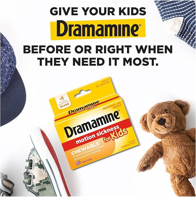Dramamine Motion Sickness Chewable for Kids, Prevent & Relieve Motion Sickness, Dizziness & Nausea, Grape-Flavored Tablets, 8 Count