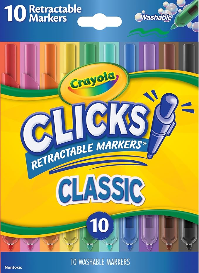 Crayola Clicks Retractable Tip Markers (10ct), Washable Cone Tip Art Marker Set, School Classroom & Craft Supplies for Coloring Books, Ages 3+