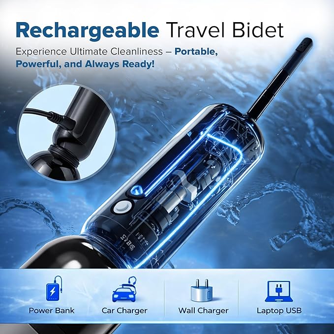 Aqualise Portable Bidet for Travel, USB-C Rechargeable Electric Handheld Sprayer, 3 Nozzles & Carry Pouch - High Pressure Waterproof Peri Bottle for Women, Men, Postpartum Care & Personal Hygiene