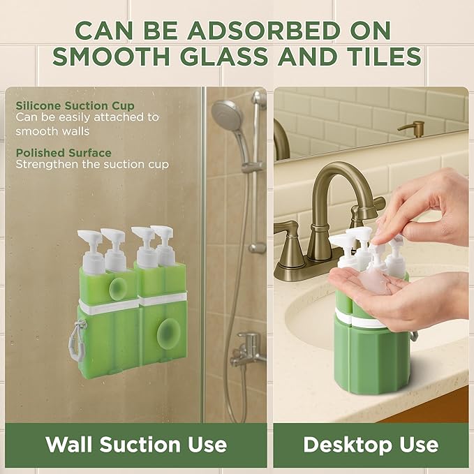 SESENSE 4-in-1 Travel Bottles for Toiletries, TSA Approved Travel Size Toiletries, Leak Proof Refillable Travel Size Shampoo and Conditioner Sets with Wall-Mountable Suction Cup, Green