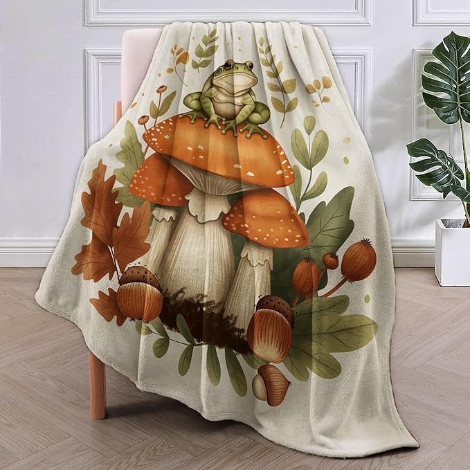Frog Blanket,Frog Mushroom Flannel Throw Blankets,Soft Warm Lightweight Cozy Plush Forest Throws for Bedroom Sofa Home Travel Decor Gifts for Women Girls 80"x60"