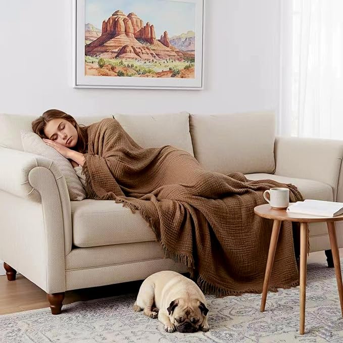 KyraHome 100% Cotton Throw Blankets, 90“x90” Queen, Organic Cotton Muslin Blanket, Plant Dyed, Breathable Lightweight Gauze Blankets for Adults, Bed, Couch, All Season, (Brown)