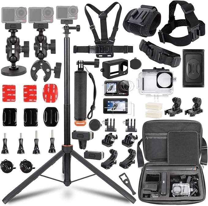 PellKing Accessories Kit for DJI Osmo Action 5pro/4/3,Carrying Case with Belt 135cm Selfie Stick Tripod Waterproof Housing Floating Handle Grip Magnetic Handlebar Mount Qucik Release4 in 1 Body Mount