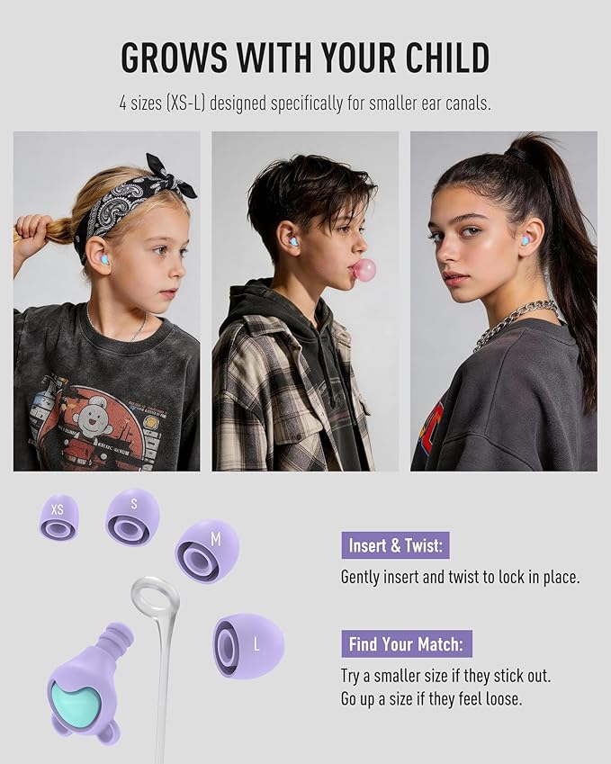 Kids Ear Plugs (6-12 Years) with Cord, Kids Ear Protection Reusable Noise Relief Earplugs for Focus, Travel, Concert, Socializing, Events, Sleep, Anxiety, Home, School, Playtime -26dB Noise Reduction