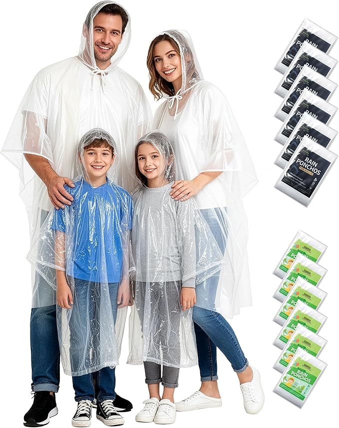 Hitituto Rain Ponchos Family Pack Kids– 6/12/24 Pack Disposable Poncho with Hood, Clear & Assorted Colors, Home Survival Kits