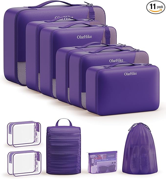 11 Set Packing Cubes for Travel, Gifts for Women Mom Kids, TSA Approved Bags for Makeup, Cosmetic, Toiletry, Suitcase Organizers for Checked Luggage, Cruise Essentials, Airplane Accessories, Purple